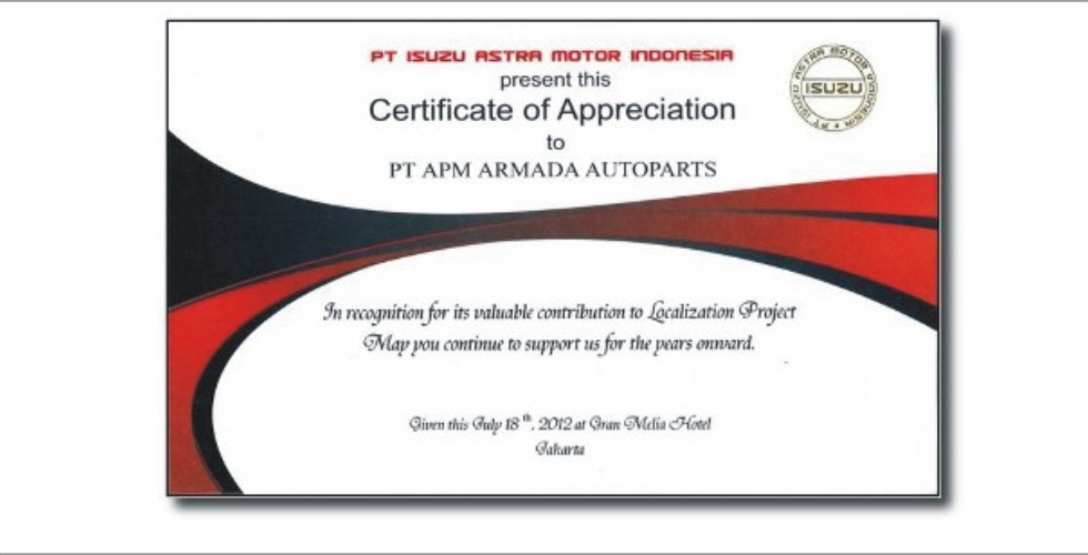 Certificate of Appreciation from Isuzu for Contribution in Localization Project