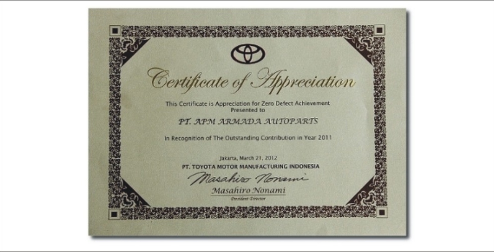 Certificate of Appreciation from Toyota for Zero Defects in 2011